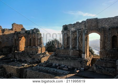 old ruins at greek theater in taormina sicily