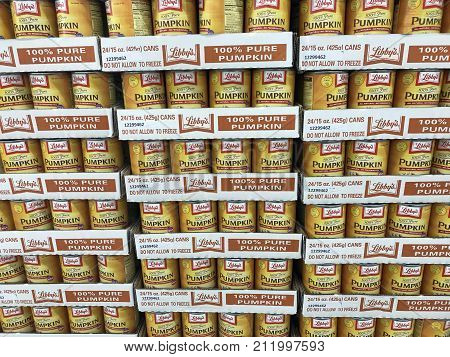 Altoona Wisconsin November 3 2017 Several cans of canned Pumpkin on a grocery store shelf