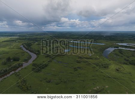 River And Lakes Near The Irbit City . Russia. Aerial. Summer, Cloudy.  A Lots Of Trees And Grass
