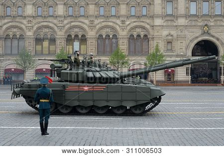 Moscow, Russia - May 9, 2019: Russian Main Battle Tank T-72b3 At The Parade In Honor Of Victory Day 