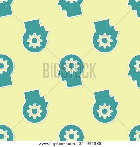 Green Human Head With Gear Inside Icon Isolated Seamless Pattern On Yellow Background. Artificial In