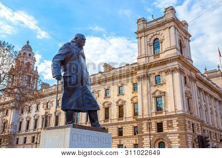 London, Uk - May 13 2018: Statue Of Winston Churchill At The Parliament Square With Other Twelve Sta