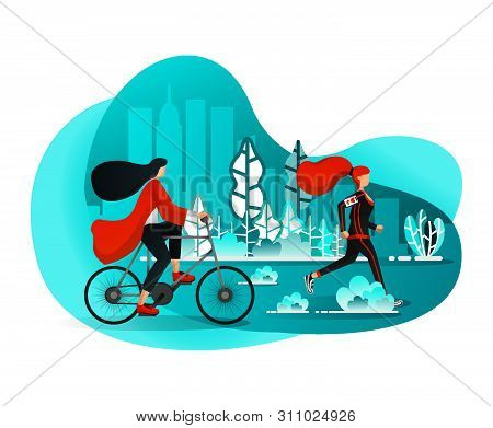Girls Enjoying Leisure On Summer Mornings With Sports Activities In City Central Park Such Running &