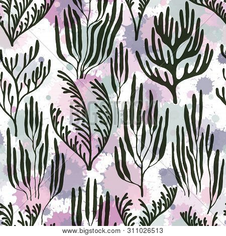 Coral Reef Seamless Pattern. Paint Splashes Drops Watercolor Background. Ocean Bottom Summer Pattern