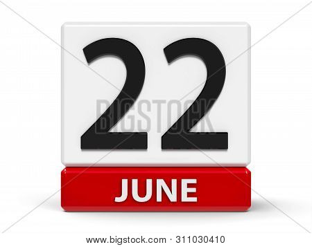 Red And White Calendar Icon From Cubes - The Twenty Second Of June - On A White Table, Three-dimensi