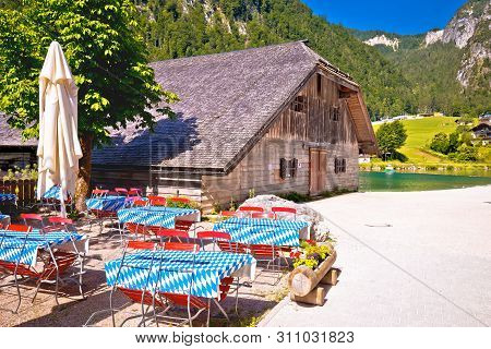 Konigssee Coast Bavarian Alpine Landscape And Old Wooden Architecture View, Berchtesgadener Land, Ba
