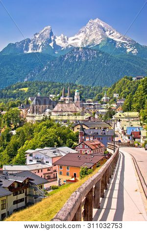 Town Of Berchtesgaden And Alpine Landscape View, Bavaria Region Of Germany