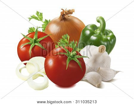 Tomato, Onion, Green Bell Pepper And Garlic Isolated On White Background. Sofrito Sauce Ingredients.