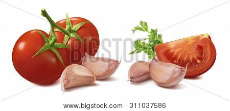 Tomato, Garlic And Herb Set Isolated On White Background. Package Design Element With Clipping Path