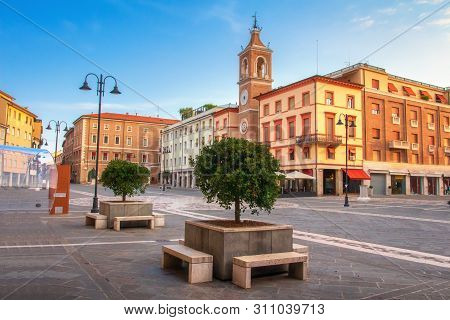 Rimini Cityscape, Italy. Central Square Of Rimini. Square Of The Three Martyrs In Rimini With The An
