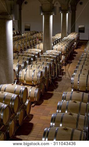 Big Wine Cellar With Old Oak Barrels, Production Of Red Dry Or Sweet Wine In Marsala, Sicily, Italy