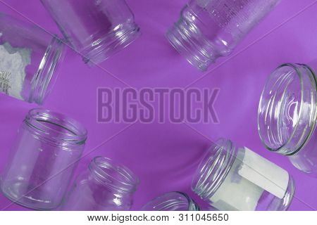 Isolated Glass Jars, No Lids Flat, Violet Purple Background, Copy Space Room