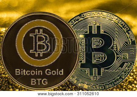 Coin Cryptocurrency Btc Btg And Gold Fabric Background. Bitcoin Gold Logo.