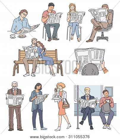 People Read Newspaper Set Of Vector Cartoon Men And Women Images Isolated On White.