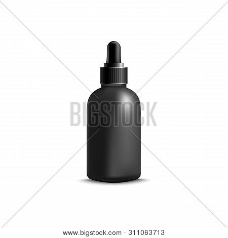 Black Bottle Of Liquid Face Serum With Rubber Eyedropper Cap, Realistic Blank Mockup For Cosmetic Br