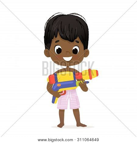 Smiling Cute African-american Baby Boy With A Toy Water Gun Posing. Pool Party Character With A Toyg