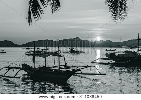 Tropical Landscape With Traditional Boats Of The Philippines. Elnido, The Island Of Palawan.