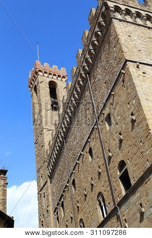 Florence, Italy - September 18, 2018: This Is The Side Facade Of The Palazzo Vecchio With The Arnolf