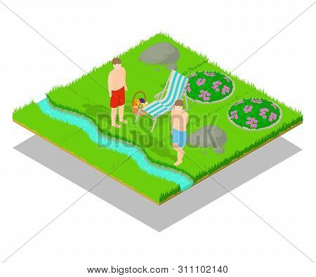 Outing Concept Banner. Isometric Banner Of Outing Concept For Web, Giftcard And Postcard