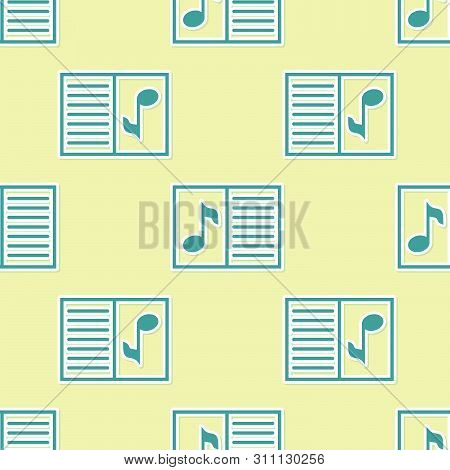 Green Music Book With Note Icon Isolated Seamless Pattern On Yellow Background. Music Sheet With Not