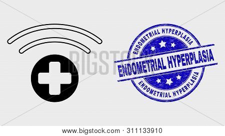 Vector Outline Medical Source Pictogram And Endometrial Hyperplasia Seal Stamp. Blue Rounded Grunge 