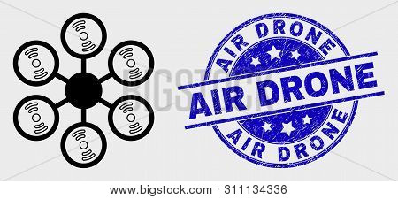 Vector Outline Hexacopter Icon And Air Drone Seal Stamp. Blue Round Textured Seal With Air Drone Cap