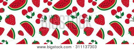 Watermelon, Cherry And Strawberry Seamless Pattern. Red Berry. Sweet Fruits. Fashion Design. Food Pr