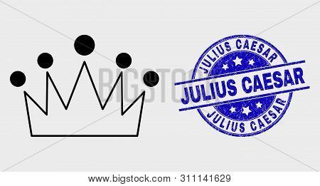 Vector Stroke Crown Pictogram And Julius Caesar Seal Stamp. Blue Rounded Scratched Seal Stamp With J