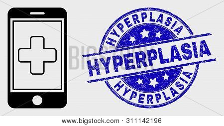 Vector Linear Medical Mobile App Icon And Hyperplasia Watermark. Blue Round Grunge Watermark With Hy