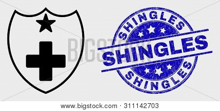 Vector Outline Medical Shield Icon And Shingles Watermark. Blue Round Textured Watermark With Shingl