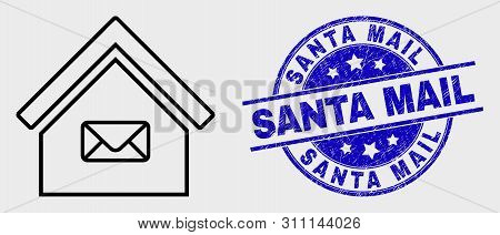 Vector Line Post Office Icon And Santa Mail Seal Stamp. Blue Rounded Scratched Stamp With Santa Mail