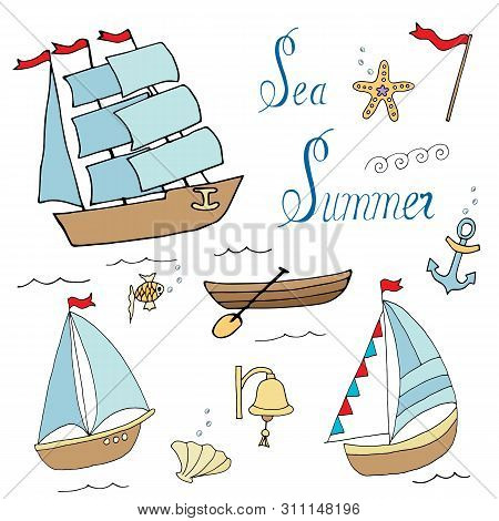 Set Of Ships For Marine Design. Cartoon Lines Art. Vector Hand Draw Illustration.