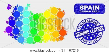 Spectrum Dot Ciudad Real Province Map And Watermarks. Blue Round Genuine Leather Grunge Seal Stamp. 