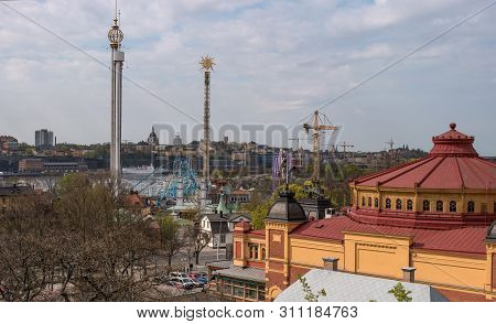 Stockholm, Sweden - April 30, 2019: View Of The Amusement Park Grona Lund In Djurgarden And The Circ