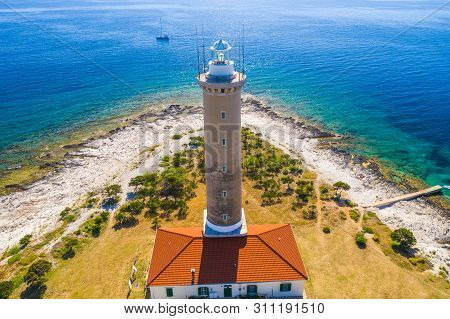 Aerial View Of Lighthouse Of Veli Rat On The Island Of Dugi Otok, Croatia, Beautiful Seascape, Overh