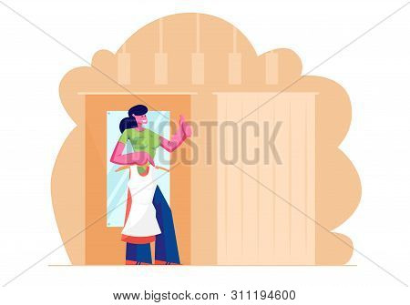 Young Woman Trying On Closes And Apparel In Dressing Room At Garment Fashion Store, Girl In New Dres