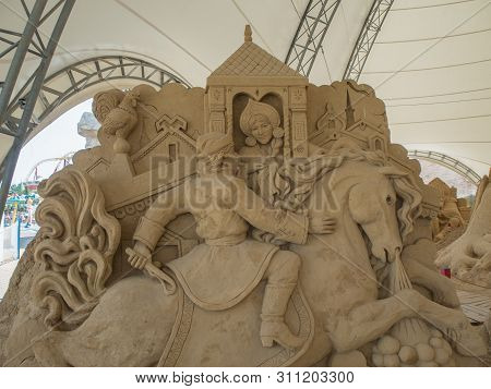 Sculptures Of Characters Russian Fairy Tales Made From Sand. Russia Sochi 06 22 2019
