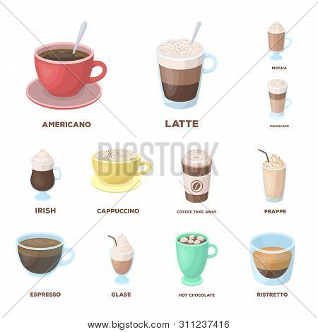 Different Kinds Of Coffee Cartoon Icons In Set Collection For Design. Coffee Drink Bitmap Symbol Sto