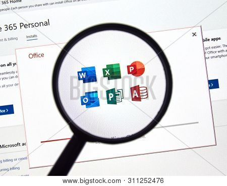 Montreal, Canada - July 13, 2019: Microsoft Office 365 Installation Process On A Laptop Screen. Offi