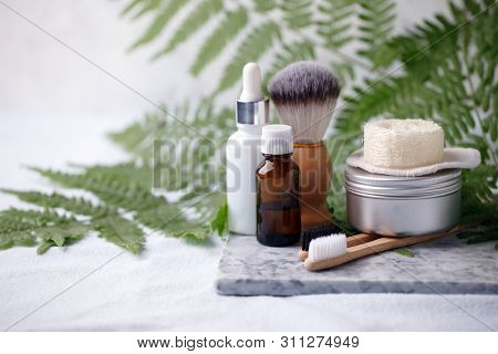 Different Eco Friendly Cosmetic Products In Bathroom. Minimizing Ecological Footprint Concept. Bambo