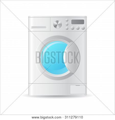 Vector Realistic Automatic Washing-machine With Front-loading Clothes Isolated On White Background. 