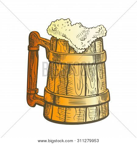 Hand Drawn Vintage Cup With Froth Beer Vector. Wooden Cup With Metallic Ring And Alcoholic Golden Co