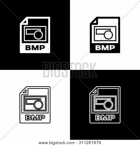 Set Bmp File Document Icon. Download Bmp Button Icons Isolated On Black And White Background. Bmp Fi