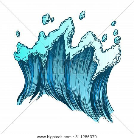 Rushing Tropical Sea Marine Wave With Drop . Tall Foamy Marine Purl Wind Storm Tide Surf Water. Moti