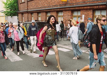 Helsinki, Finland - June 29, 2019: Man In  Small Dress With Lame On Helsinki Pride Festival On The S