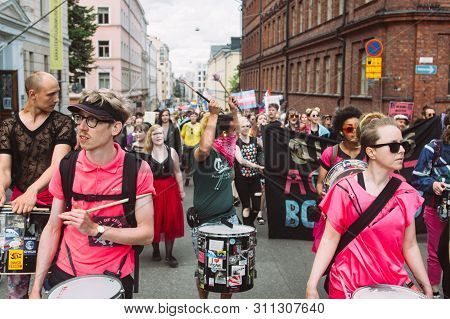 Helsinki, Finland - June 29, 2019: Antifascism Activists On Helsinki Pride Festival On The Street