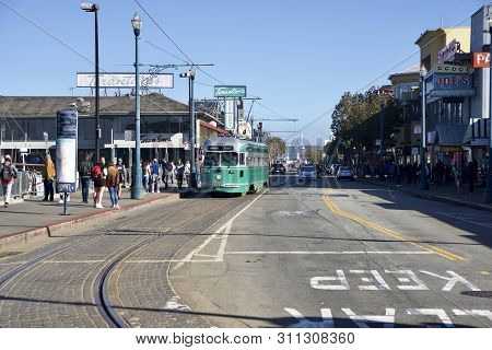 San Francisco, California, United States - Nov 25th, 2018: F-line Antique Pcc Streetcar No.1053 Broo
