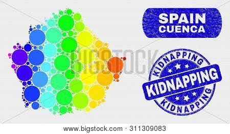 Spectrum Spotted Cuenca Province Map And Watermarks. Blue Rounded Kidnapping Scratched Seal Stamp. G