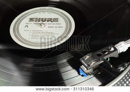 London, England - May 08, 2019: Vintage Vinyl Record With Emi Harvest Label Played On The Technics T