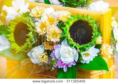 Beautiful Bouquet With Green Sunflowers In A Wooden Gift Box In A Rustic Style On Table. The Concept